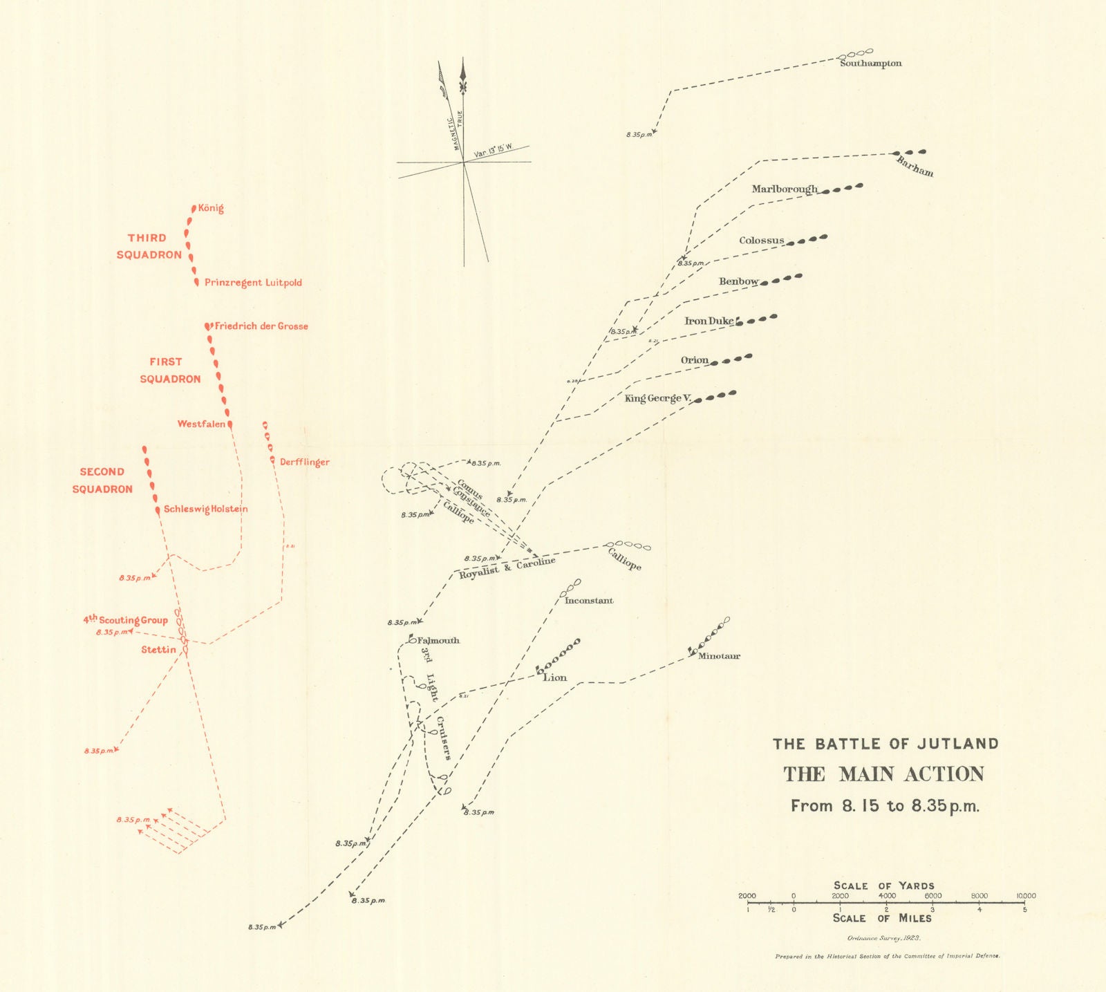 Battle of Jutland. Main Action. 8.15-8.35 pm 31 May 1916. WW1. 1923 old map